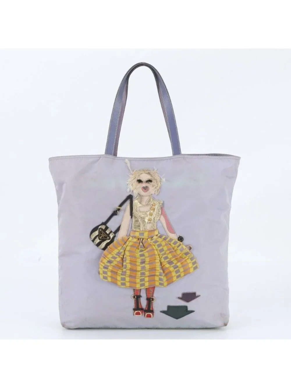 Prada Tessuto Nylon Triangle Logo Doll Embroidery Leather Tote Bag